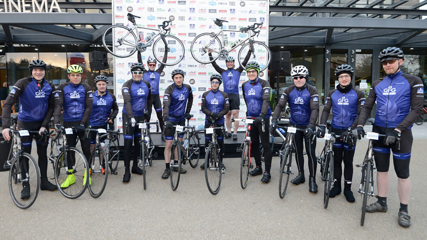 Photo of riders from the GFG Alliance team line up in Inverness today at the start of the Loch Ness Etape