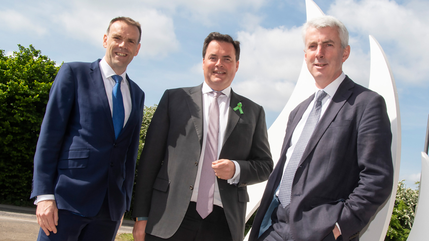 Photo of L-R Gareth Stace, Director UK Steel, Jay Hambro, Chief Investment Officer, GFG Alliance, Professor Julian Allwood, University of Cambridge outside Liberty Steel UK HQ in Rotherham.