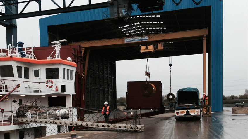 Photo of The all-weather terminal and Goliath cranes handling steel consignments at Bird Port on the river Usk at Newport, South Wales