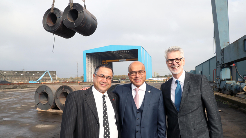 Pictured at the inauguration of SIMEC Bird Port at Newport as part of the global GFG Alliance are from left: VB Garg, chief executive of Liberty Rolled Products, which runs the Liberty Steel Newport rolling mill. Sanjeev Gupta, executive chairman of the GFG Alliance and Richard Jennings head of SIMEC Ports.