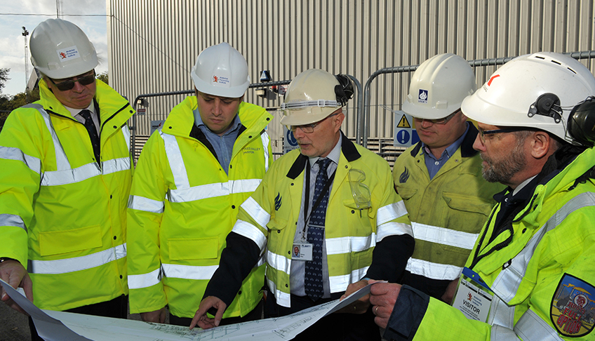 Picture caption from left to right: Anders Jersby (Commercial Director Materials Processing Institute), Ben Houchen (Tees Valley Mayor), Dr Simon Pike (General Manager Liberty Powder Metals), Dan Frith (Manufacturing and Engineering Manager Liberty Powder Metals), and Andrew Home (CEO of K Home International) examine plans of the atomiser